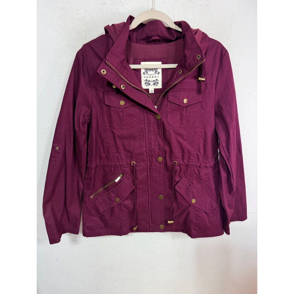 Made By Johnny Utility Safari Jacket Hooded Drawstring Women's L Plum Coat USA
